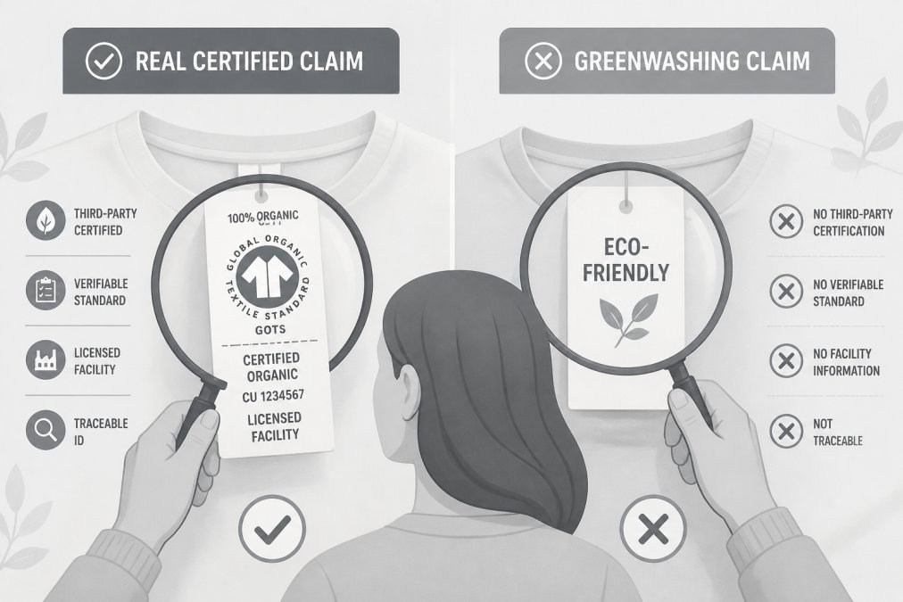 Consumer comparing two clothing labels side by side, one with official GOTS certification mark and verification details, another with generic "eco-friendly" text, examining with magnifying glass in natural light
