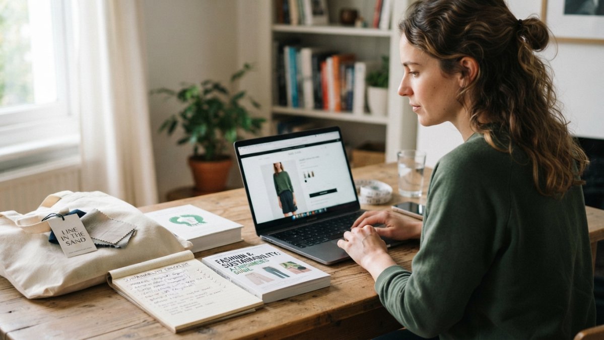Woman shopping online on a laptop, carefully reading product labels and sustainability information on a clothing brand's website, with notes and a checklist visible on paper nearby
