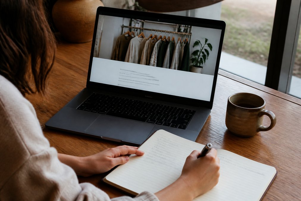 A person sitting at a wooden desk with a laptop open to a fashion brand's sustainability page, a notebook with handwritten notes, and a cup of coffee nearby in natural daylight