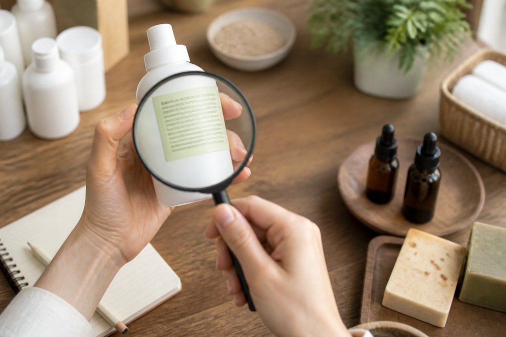 Hands inspecting a sustainable skincare bottle label with a magnifying glass in natural light