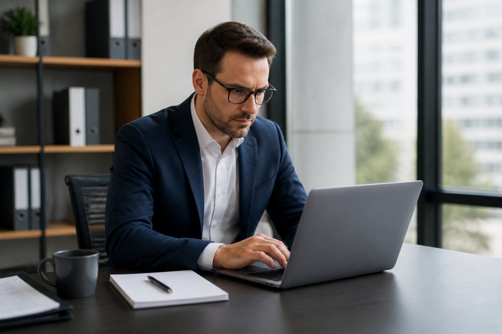 A business professional sitting at a desk, using a laptop to search an official online database, with a notepad and pen nearby in a clean, modern office