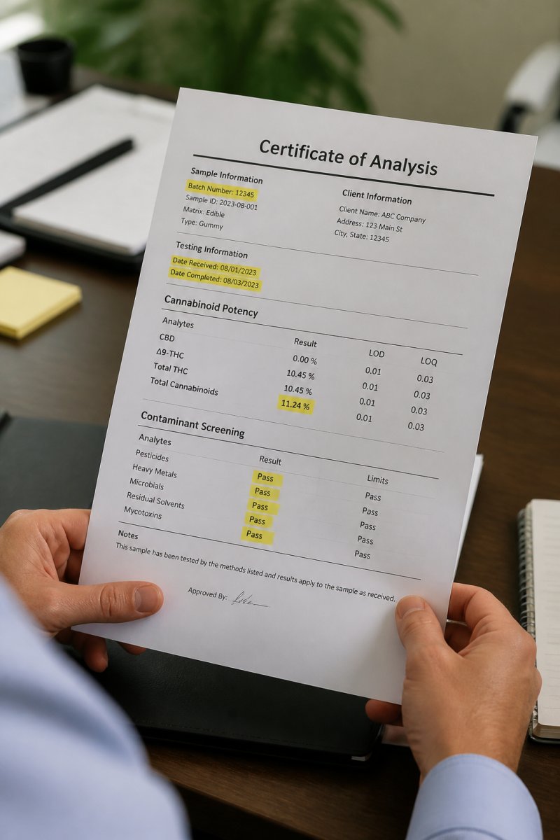 Infographic highlighting key data to verify third-party lab results on a printed Certificate of Analysis