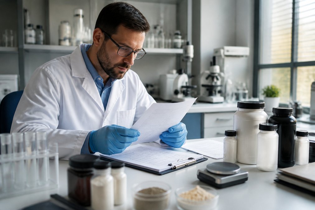 Professional demonstrating how to verify third party supplement testing technique in modern clinical setting with natural lighting