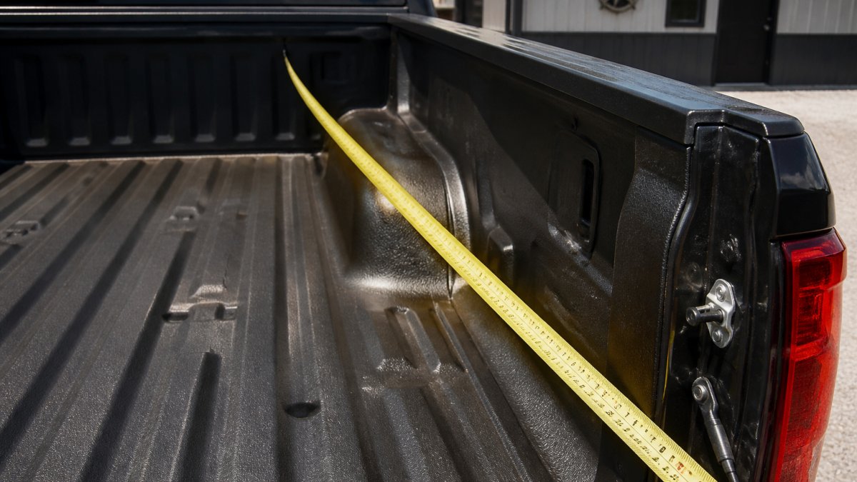 Close-up of a steel measuring tape extended along the inside of a truck bed, showing clear measurement markings from bulkhead to tailgate with sunlight reflecting off the bed surface