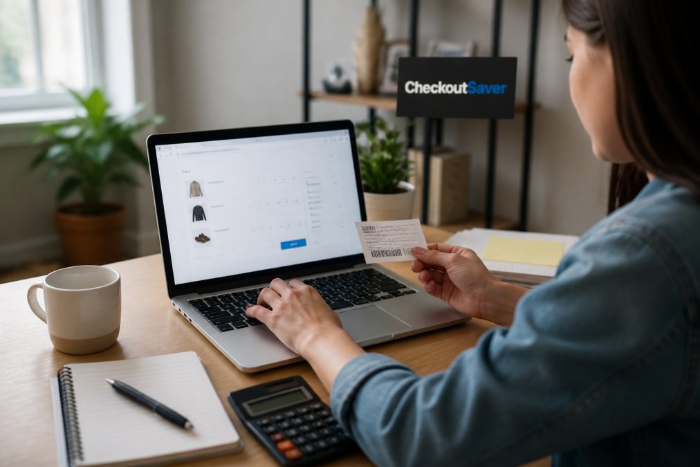 A shopper at a laptop with a shopping cart open on screen, holding a paper coupon in one hand and typing the code with the other, in a bright home office