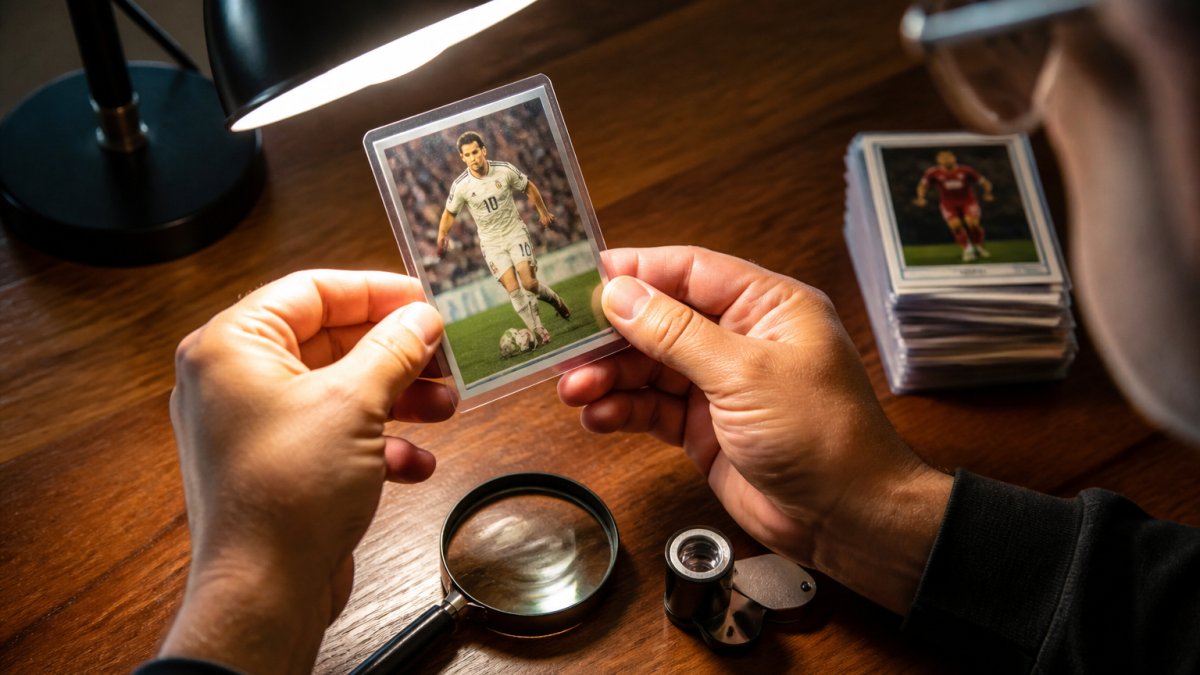 Close-up of hands holding a trading card under a bright desk lamp, with a magnifying glass and a small jeweller's loupe resting on a wooden table beside a stack of football cards