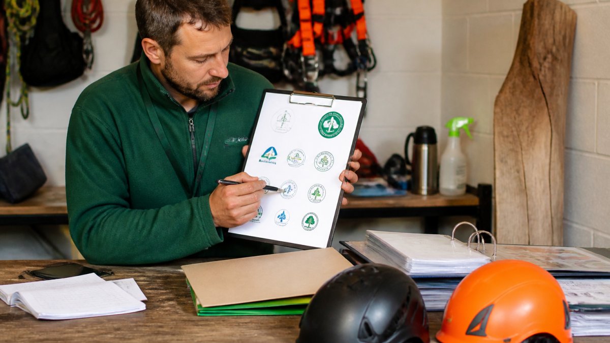 Professional demonstrating how to verify tree surgeon qualifications by reviewing certification documents and credentials on clipboard with identification badges visible