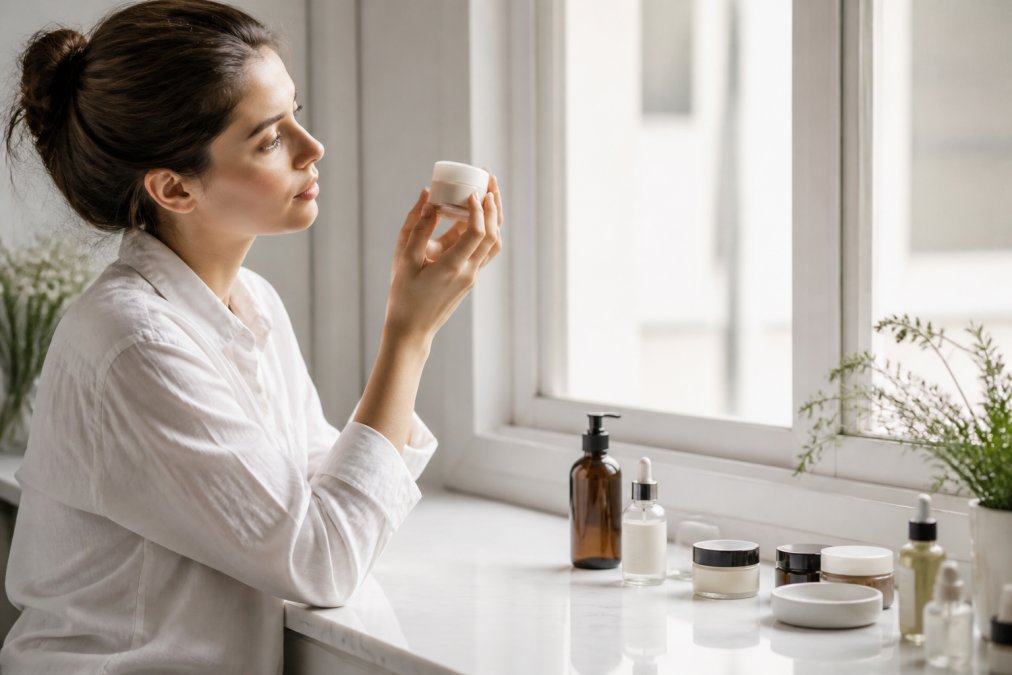 A woman in a bright, minimal room holding a skincare jar up to the window light, tilting it to inspect the texture and label closely, with a clean white countertop beneath