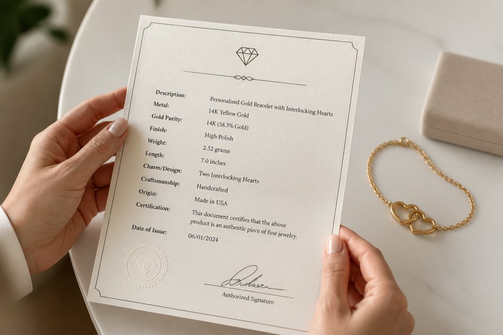 Hands holding an official jewelry certificate of authenticity document displaying detailed specifications next to a personalized gold bracelet on a neutral white surface