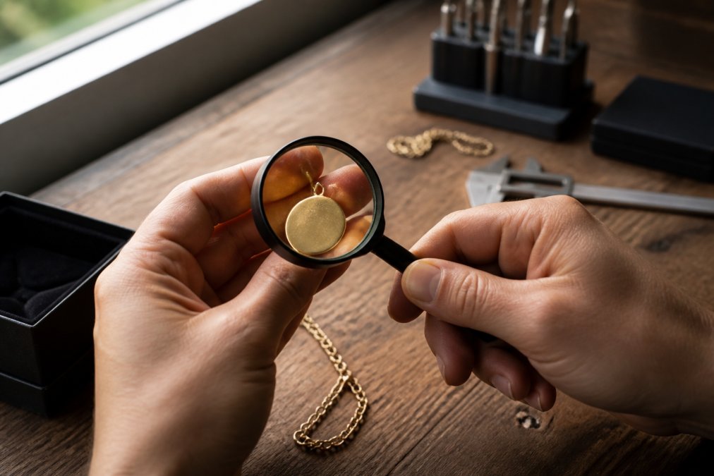 Close-up of hands examining personalized jewelry with a magnifying glass, showing detailed hallmarks and maker's marks on a wooden surface with natural window lighting