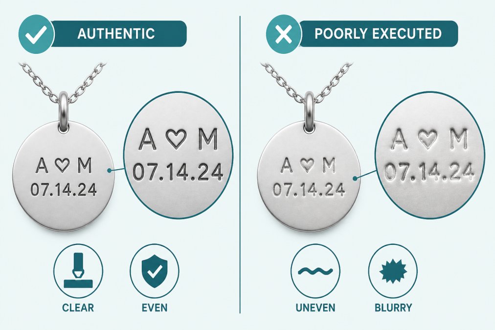 Side-by-side comparison of two pieces of personalized jewelry on a white background, one showing professional, clear hand-stamped marks and one showing blurry, poorly executed personalization with uneven depth