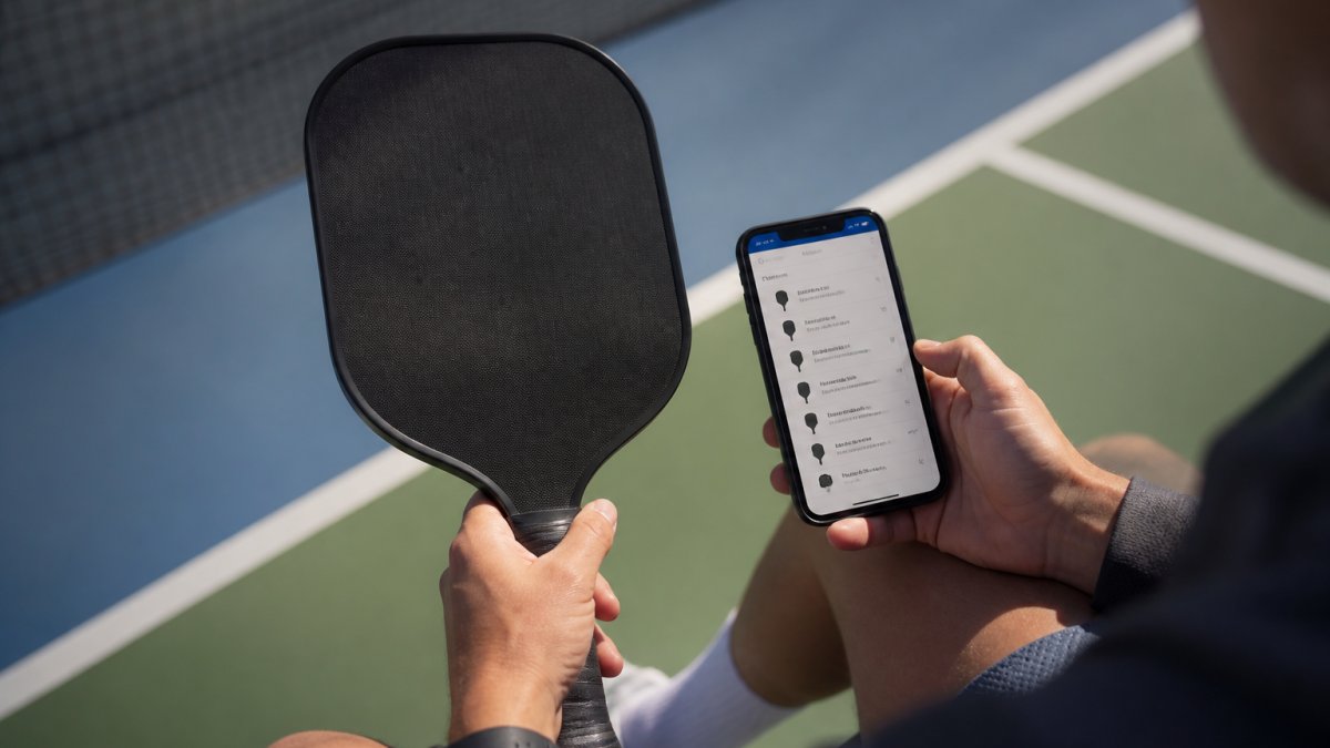 Person holding a pickleball paddle while checking equipment approval status on a smartphone screen