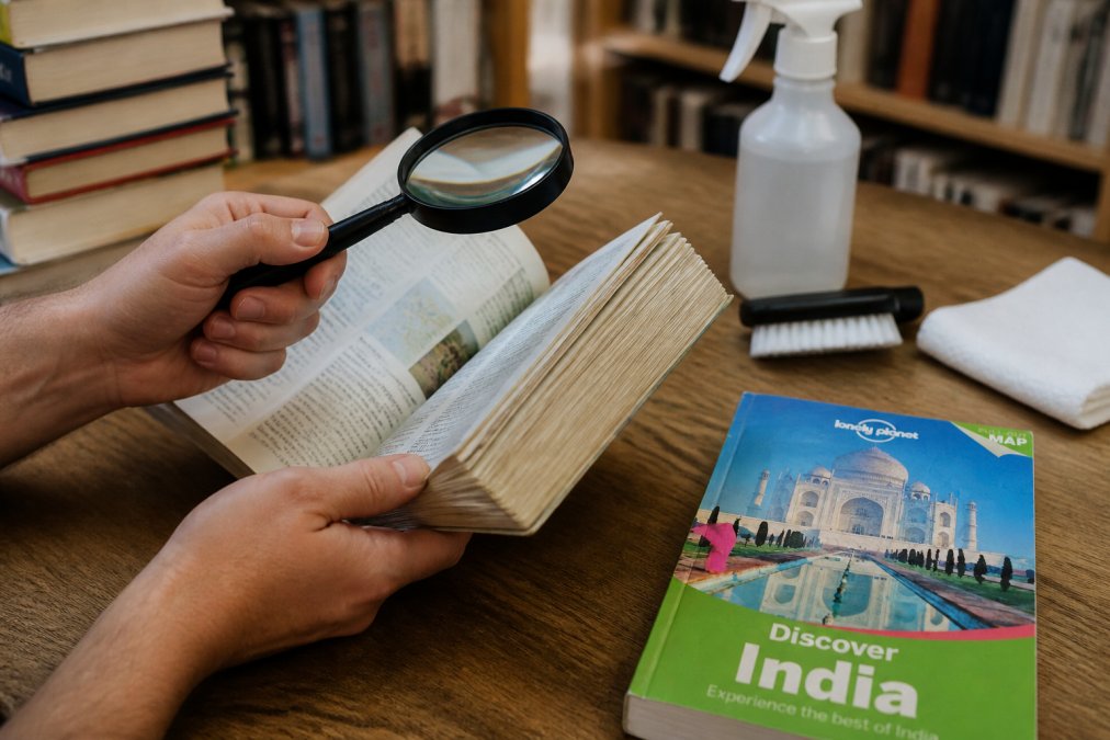 Person using a magnifying glass to carefully inspect the interior pages, binding, and spine of a used book for visible signs of mould, discoloration, or moisture damage