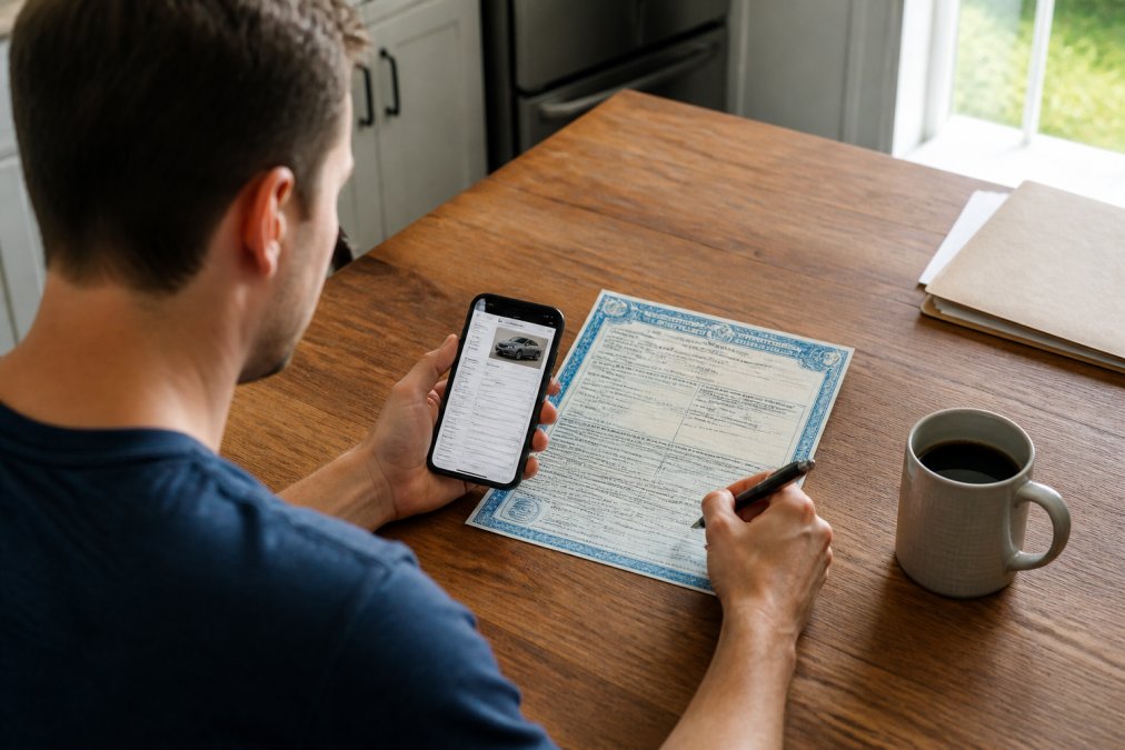 A buyer sitting at a kitchen table reviewing a paper car title with a pen in one hand and a smartphone displaying a VIN lookup screen, natural window light, coffee mug nearby