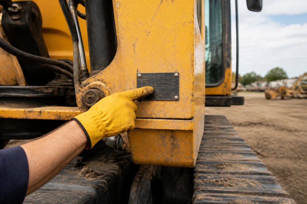 Close-up of a worker's gloved hand in a yellow work glove pointing to a stamped serial number plate riveted to the steel frame of a large yellow excavator, industrial construction yard background with soft natural daylight