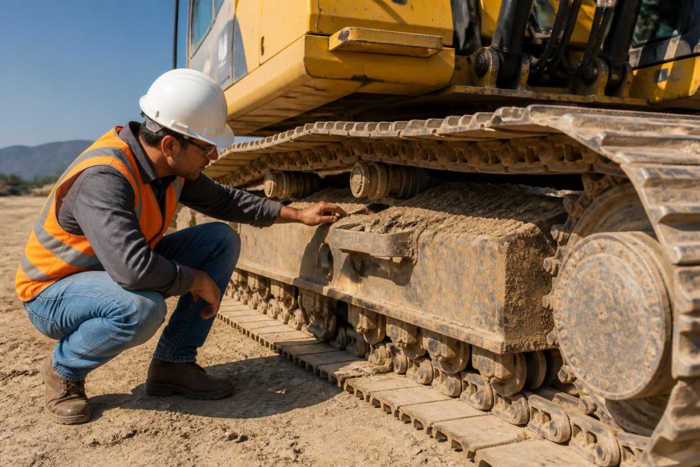 A mechanic wearing a white hard hat and high-visibility orange vest crouching beside the steel undercarriage of a large yellow excavator, closely examining the track links and rollers on a dusty construction site under bright afternoon sunlight