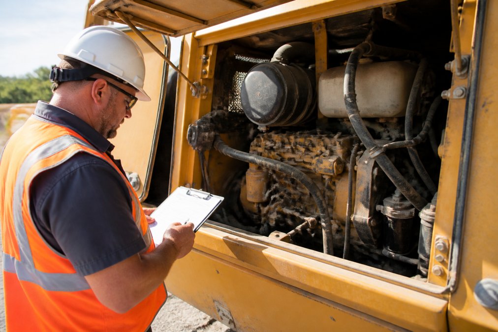Professional inspector holding a clipboard with detailed inspection checklist while examining heavy equipment engine compartment in bright natural daylight