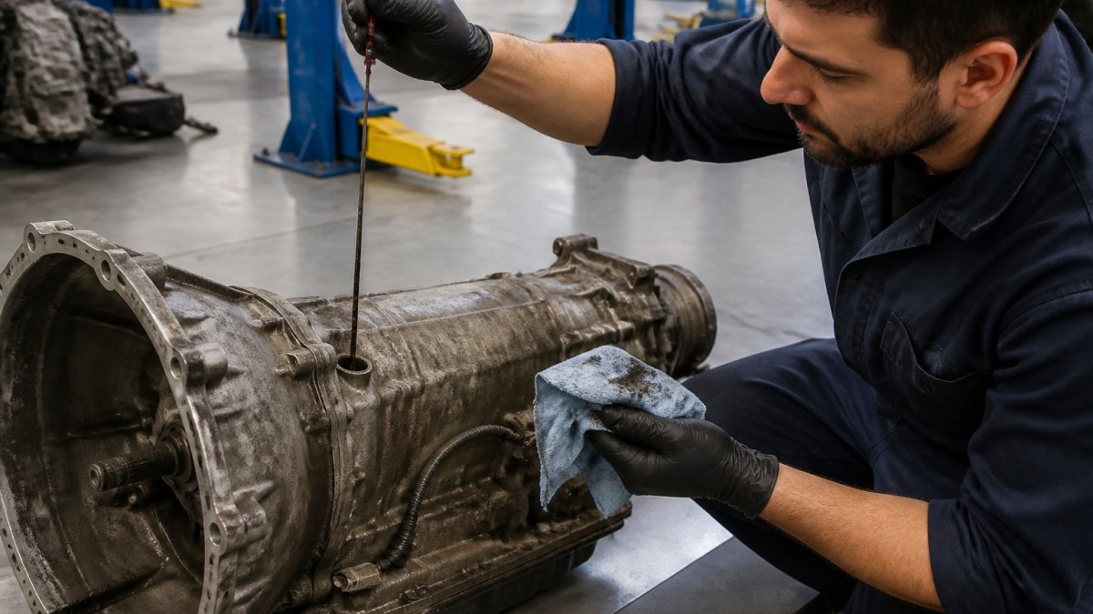 Mechanic checking automotive transmission fluid with a dipstick in a workshop under bright lighting