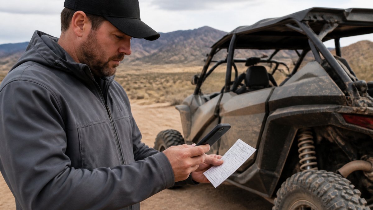 UTV owner holding vehicle registration and cross-referencing details on a smartphone while standing next to their machine in outdoor setting