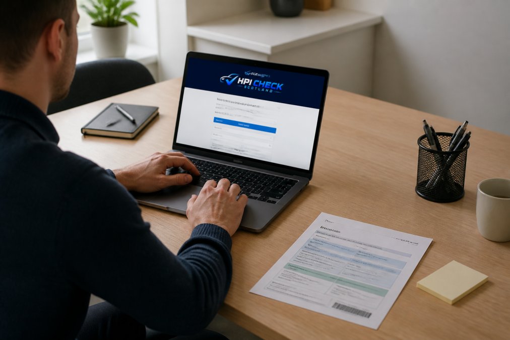 Person using a laptop to access GOV.UK MOT history records with a registration document visible on desk, natural office lighting