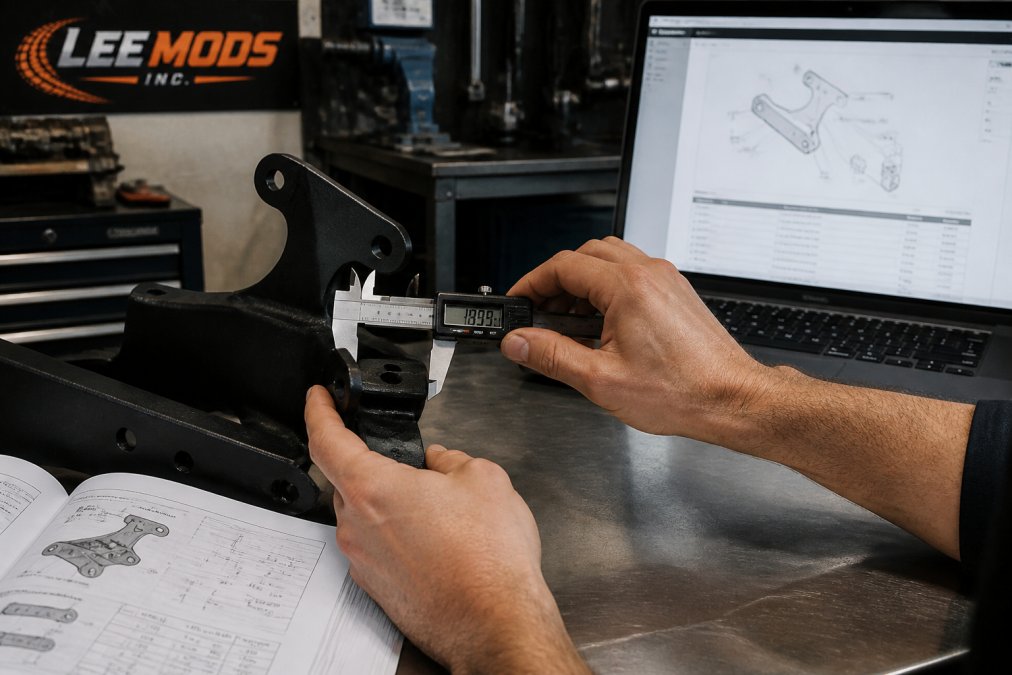 Measuring a metal bracket with digital calipers to verify dimensions against a digital parts catalog manual