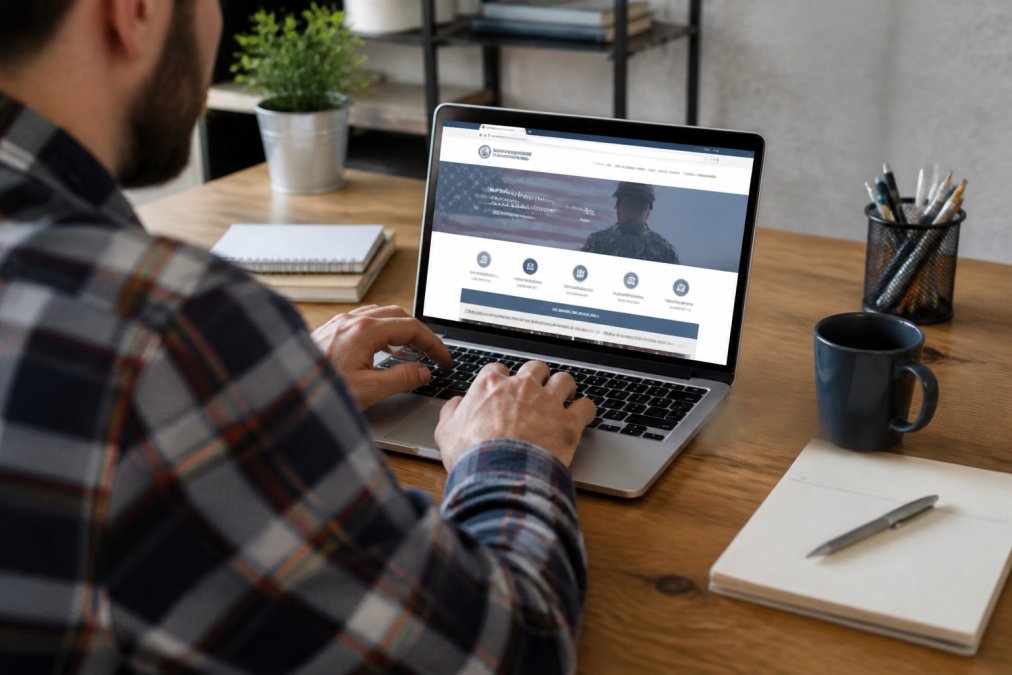 A person at a desk typing on a laptop with the Veteran Owned Small Business certification website visible on screen, coffee mug nearby