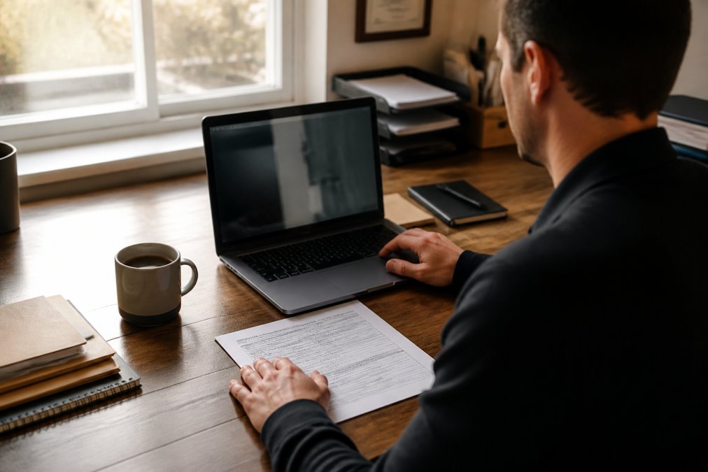 A person at a home office desk checking the SBA VetCert database on a laptop, a DD-214 form and a coffee mug beside the keyboard, warm afternoon light through a window