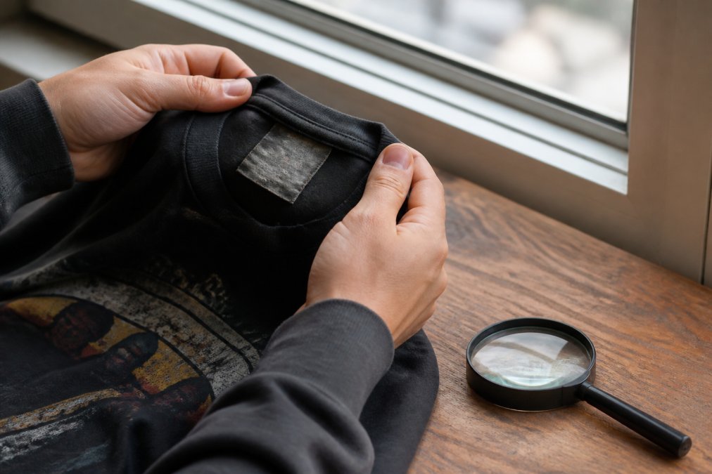 Close-up of a person's hands holding a vintage band t-shirt up to a window, examining a faded interior neck tag under natural light, with a magnifying glass resting on a wooden table beside them