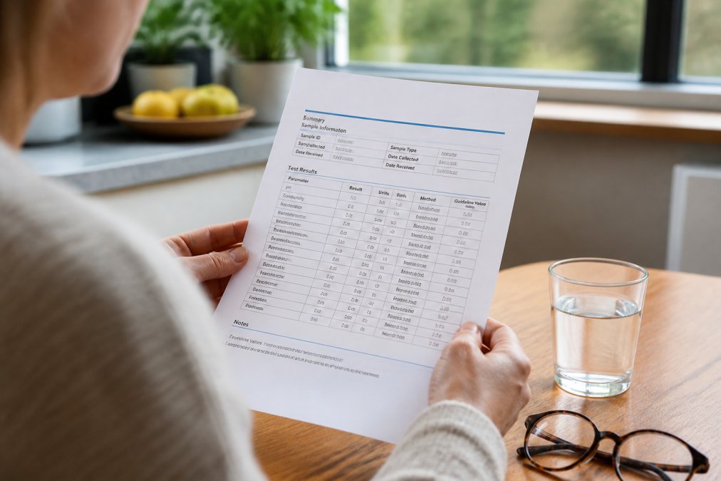 Infographic showing steps to verify water filter safety by analyzing a printed laboratory water report.