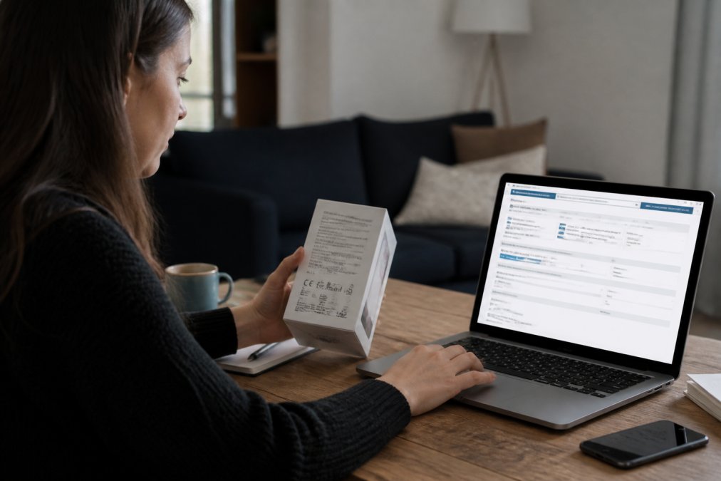 A person sitting at a home office desk, comparing a product label on a wellness device box while typing on a laptop displaying a regulatory database search page
