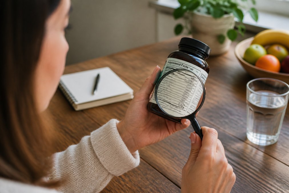 Close-up of a woman's hands holding a supplement bottle and reading the ingredient list carefully, a magnifying glass hovering over the fine print, warm natural light on a kitchen table