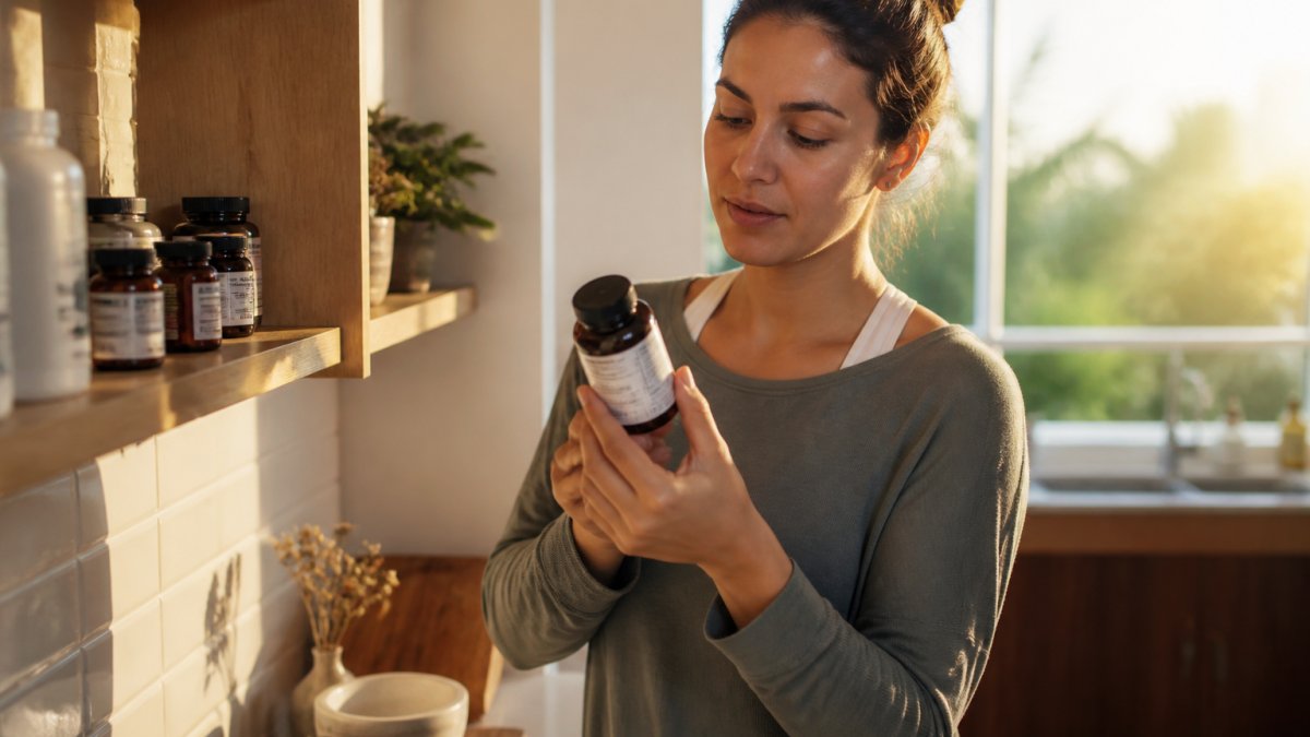 Close-up of hands holding a supplement bottle, turning it to read the Supplement Facts panel in a bright kitchen setting