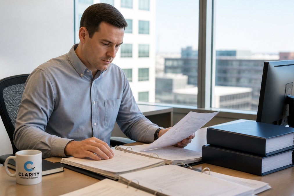 Property manager reviewing insurance documents and ACORD forms at a desk with a computer and file folders, natural office lighting