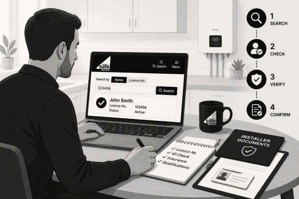 Homeowner sitting at kitchen table with laptop open to the Gas Safe Register website, reviewing documentation and taking notes with a pen and notepad beside them