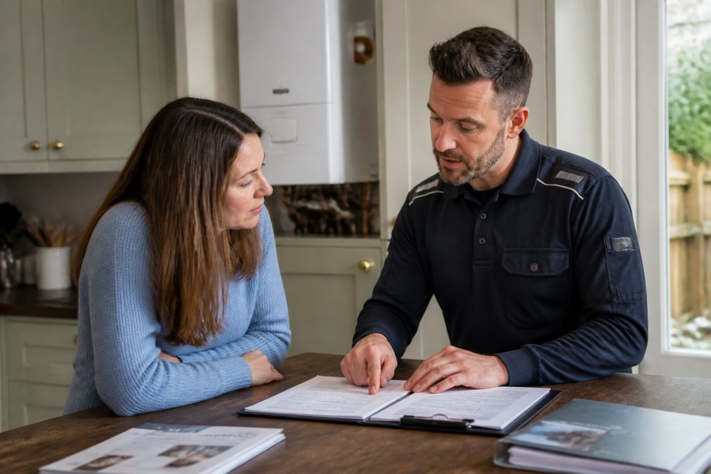 Homeowner in kitchen speaking with a professional heating engineer in work uniform, both reviewing paperwork on the counter with boiler documentation and a clipboard visible