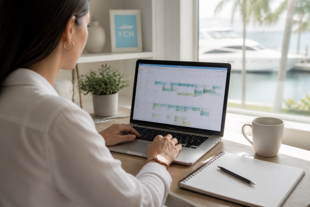 A person sitting at a desk with a laptop open, reviewing a yacht charter booking calendar on screen, with a notepad and pen nearby in a bright home office