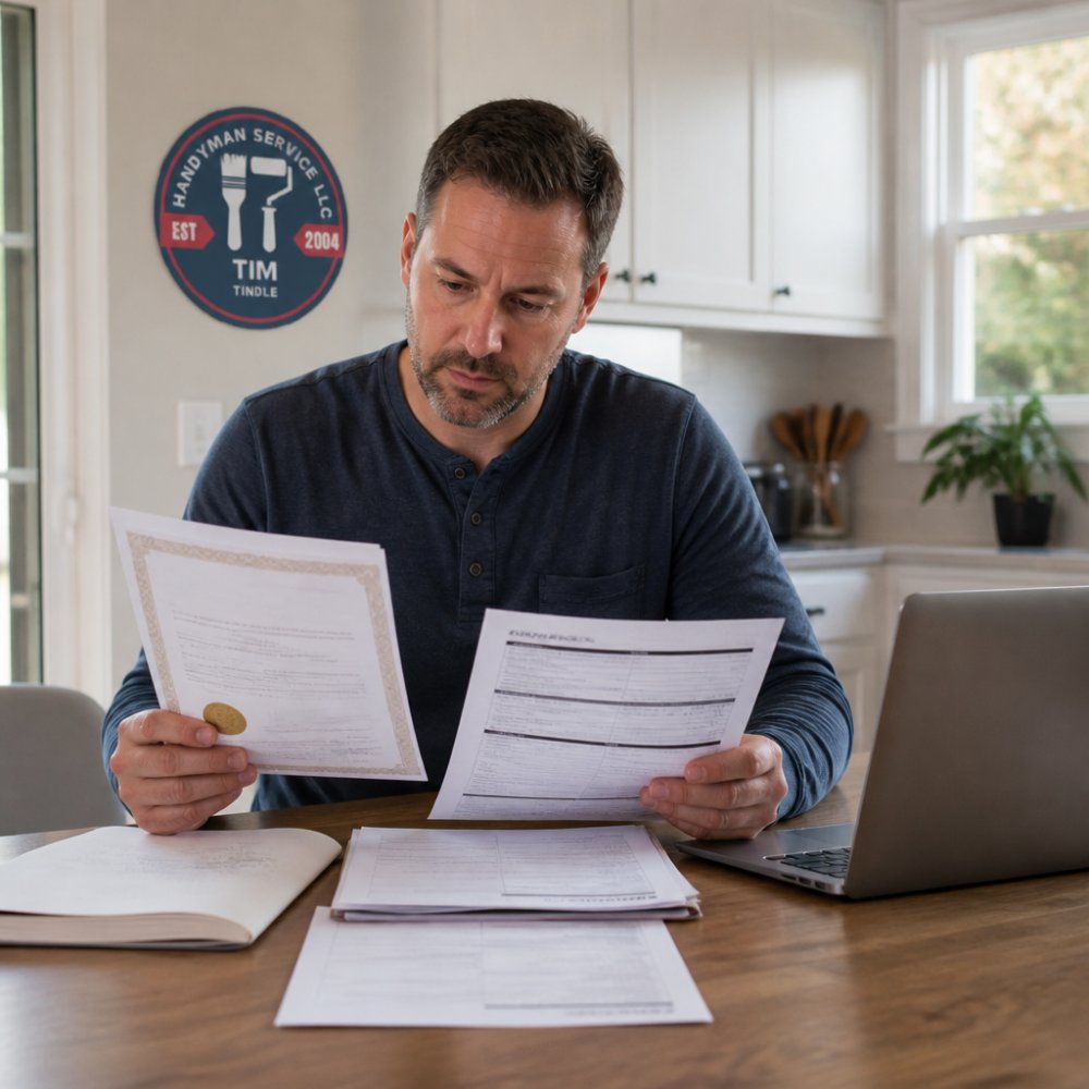 Homeowner reviewing contractor documents at a kitchen table, holding a license certificate and insurance papers with a laptop nearby