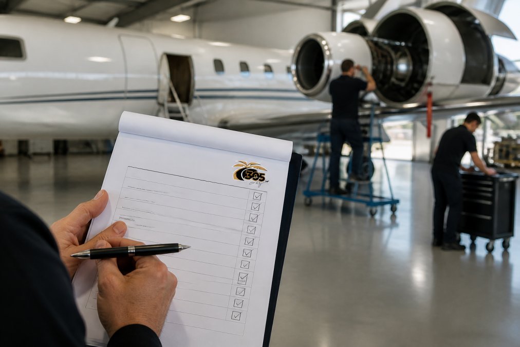 Close-up of hands holding a detailed checklist document with pen, aircraft maintenance hangar visible in the background with technicians working