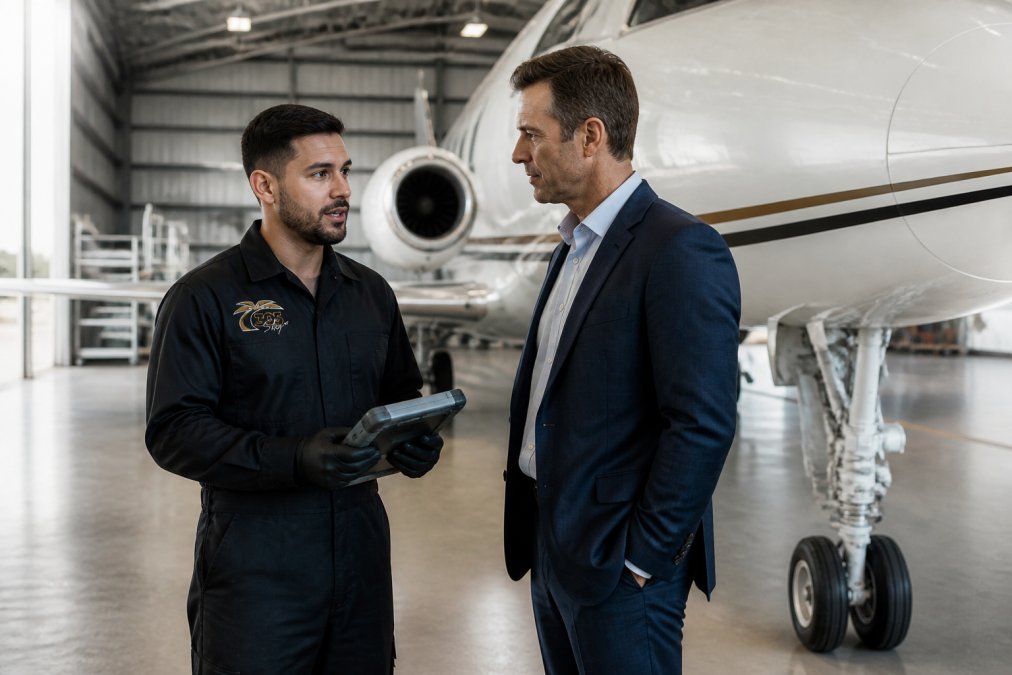 Professional aircraft maintenance technician in uniform holding diagnostic equipment, discussing with a flight department manager in business attire, standing near an aircraft in a well-lit hangar