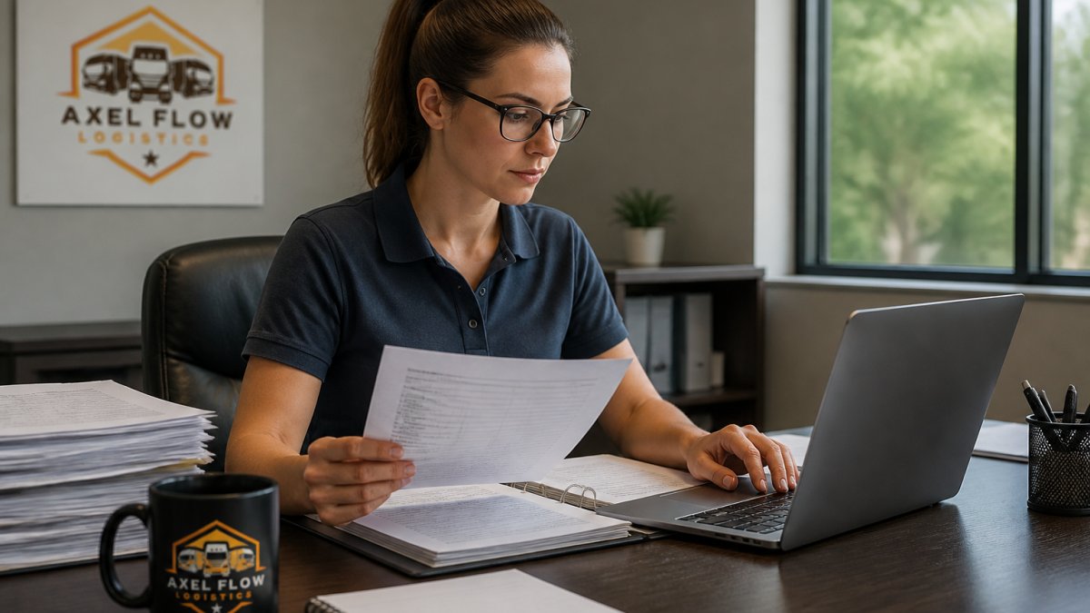 Professional in office reviewing carrier credentials on laptop and documents, examining FMCSA registration and compliance records with focused attention