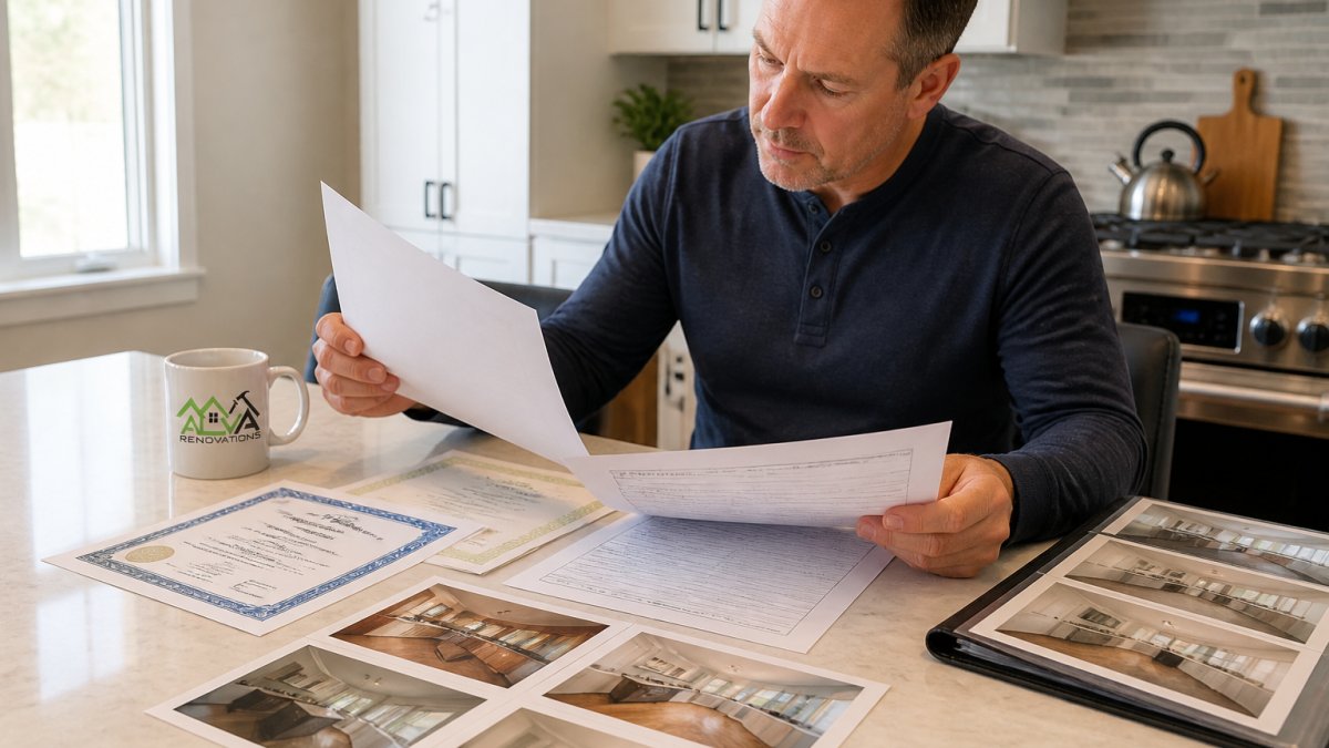 Homeowner reviewing contractor credentials and portfolio documents spread across a kitchen table, including license certificates, insurance papers, and before-and-after project photos in natural daylight
