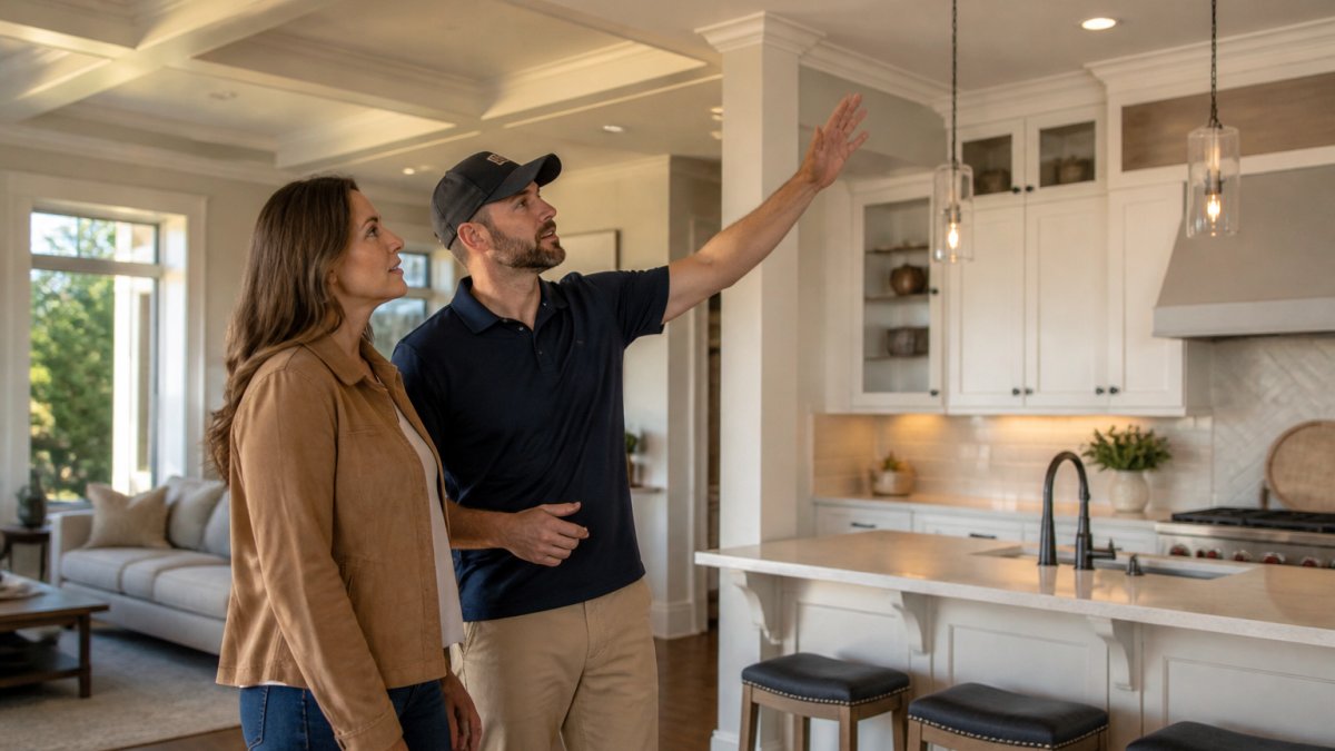 Homeowner and contractor inspecting interior trim while you vet custom home builders during a final walkthrough