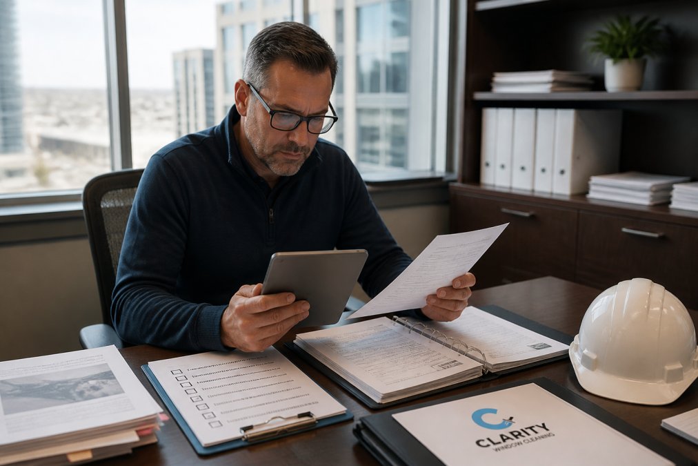 Facilities manager seated at desk reviewing contractor certifications and safety documentation on tablet and printed forms with checklist visible, natural office lighting