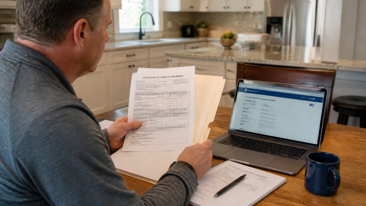A homeowner at a kitchen table reviewing contractor paperwork and certificates of insurance while a laptop shows a licensing verification website