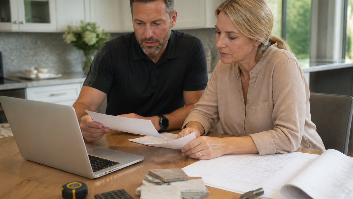 A homeowner and a contractor reviewing license and insurance documents together at a kitchen table, with a laptop open to a state licensing database in a bright home office