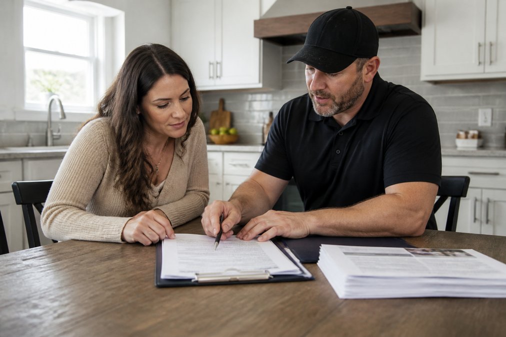 Homeowner and contractor reviewing a written contract and documents at a kitchen table with a pen and clipboard, natural light from window