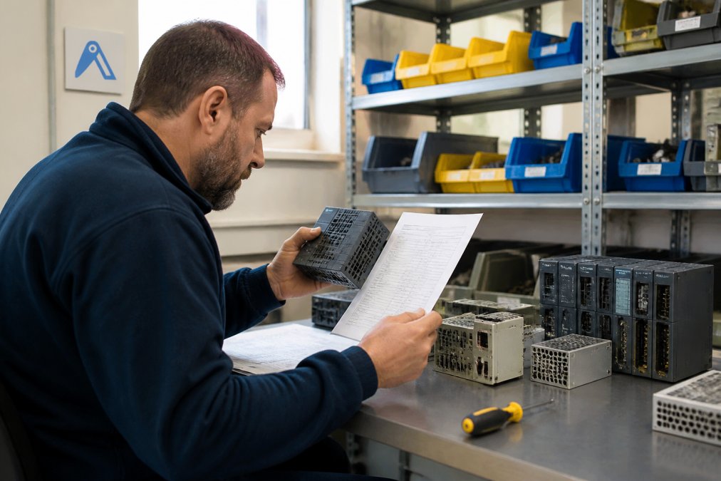 Quality control technician inspecting industrial automation components on a workbench, holding a PLC module and checking specifications against technical documentation, with natural office lighting