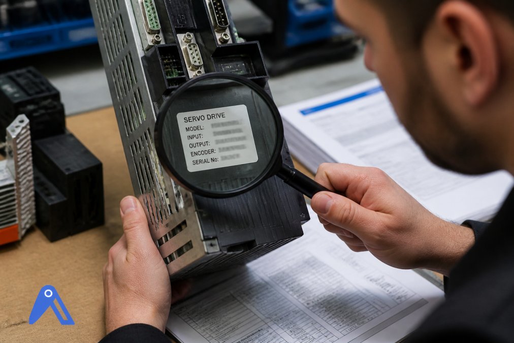 Close-up of a technician examining a servo drive nameplate with a magnifying glass, comparing part numbers and serial codes against reference materials, with bright task lighting