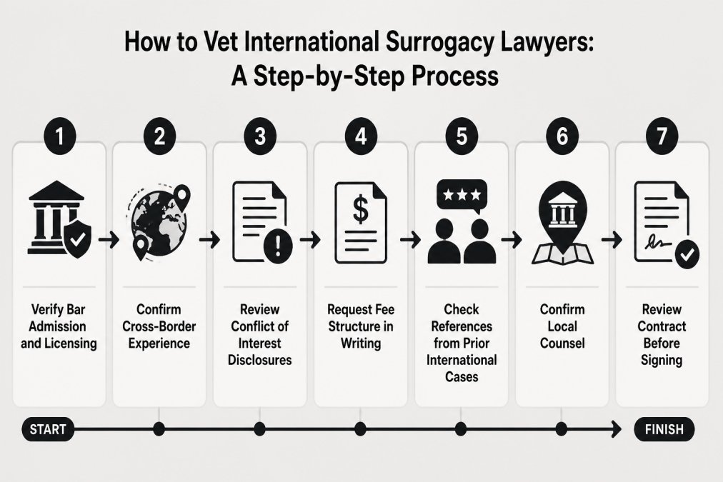 Flowchart showing the vetting process: verify bar admission and licensing, confirm cross-border experience, review conflict of interest disclosures, request fee structure in writing, check references from prior international cases, confirm local counsel, review contract before signing