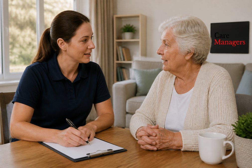 A professional care worker and an older adult sitting at a table in a bright, comfortable living room, engaged in conversation, with the care worker taking notes on a clipboard